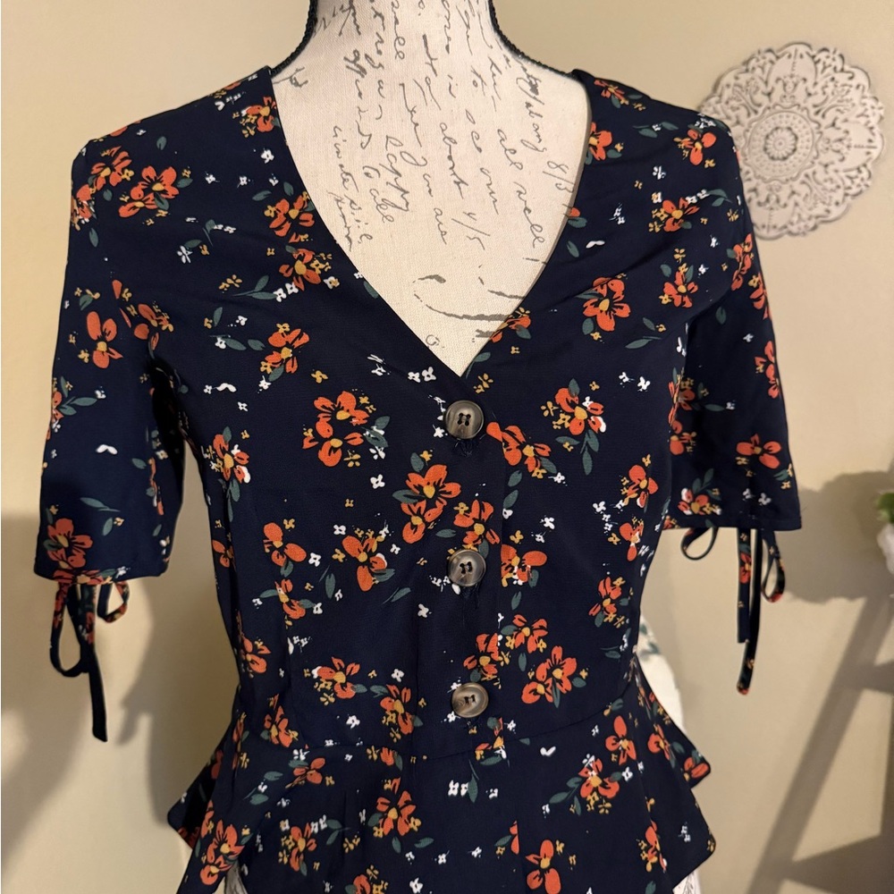 re:named Blue and Orange Fitted Peplum Blouse